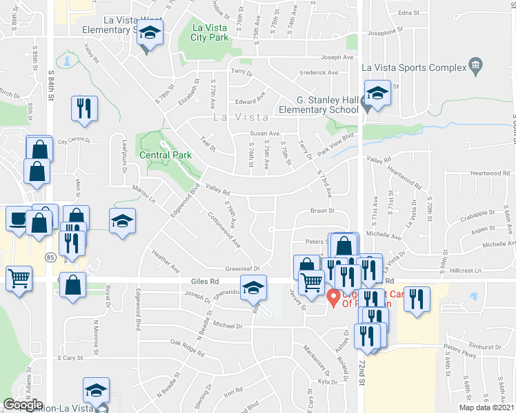 map of restaurants, bars, coffee shops, grocery stores, and more near 7711 Braun Avenue in La Vista