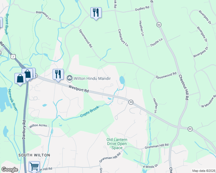 map of restaurants, bars, coffee shops, grocery stores, and more near 28 Wilton Hunt Road in Wilton