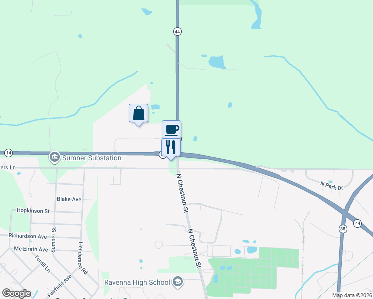 map of restaurants, bars, coffee shops, grocery stores, and more near 6942 Ohio 44 in Ravenna