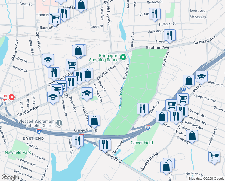 map of restaurants, bars, coffee shops, grocery stores, and more near 35 Cowles Street in Bridgeport