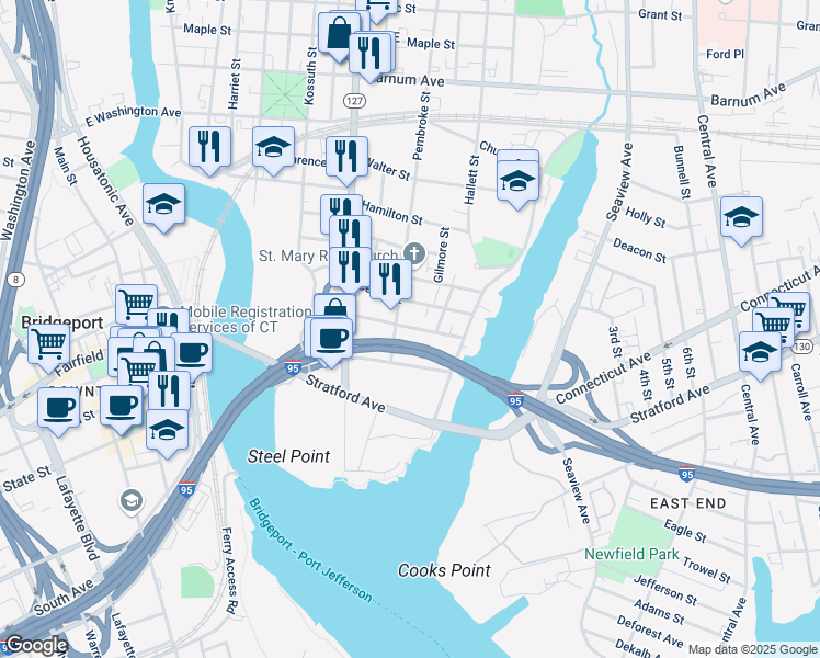 map of restaurants, bars, coffee shops, grocery stores, and more near 349 Nichols Street in Bridgeport