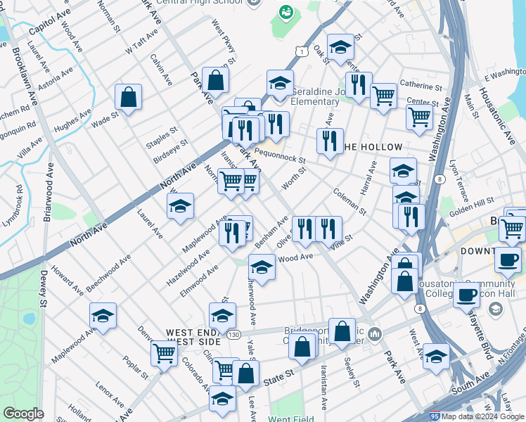 map of restaurants, bars, coffee shops, grocery stores, and more near 1433 Iranistan Avenue in Bridgeport