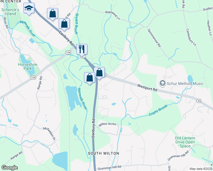 map of restaurants, bars, coffee shops, grocery stores, and more near 11 Westport Road in Wilton