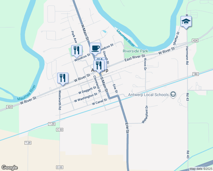 map of restaurants, bars, coffee shops, grocery stores, and more near 312 South Main Street in Antwerp