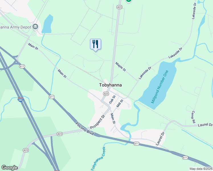 map of restaurants, bars, coffee shops, grocery stores, and more near 1619 Church Street in Tobyhanna