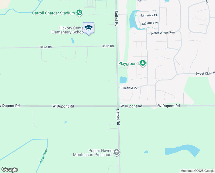 map of restaurants, bars, coffee shops, grocery stores, and more near 10615 Bethel Road in Fort Wayne