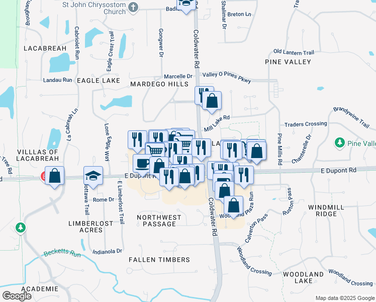map of restaurants, bars, coffee shops, grocery stores, and more near 601 East Dupont Road in Fort Wayne