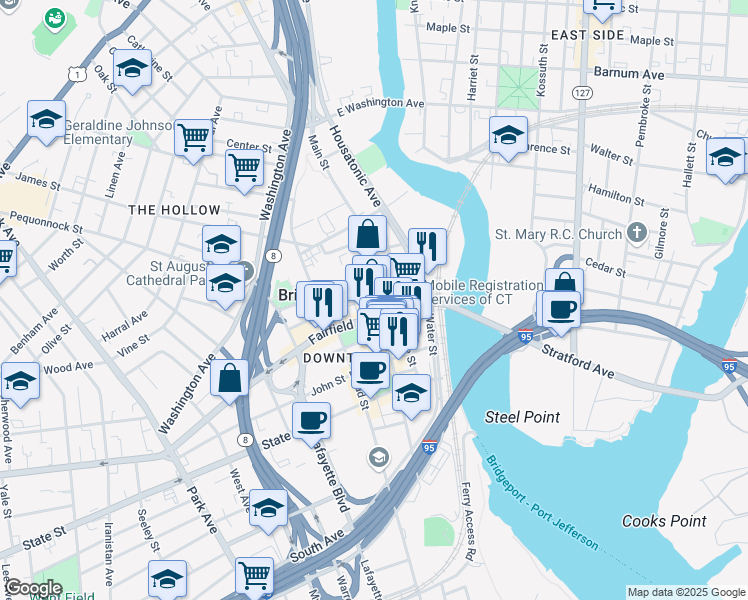 map of restaurants, bars, coffee shops, grocery stores, and more near 1153 Main Street in Bridgeport