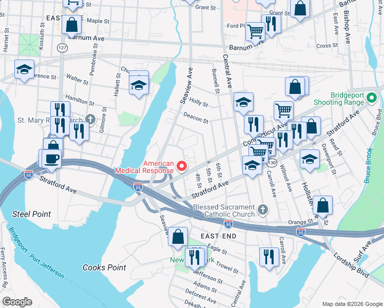 map of restaurants, bars, coffee shops, grocery stores, and more near 155 4th Street in Bridgeport