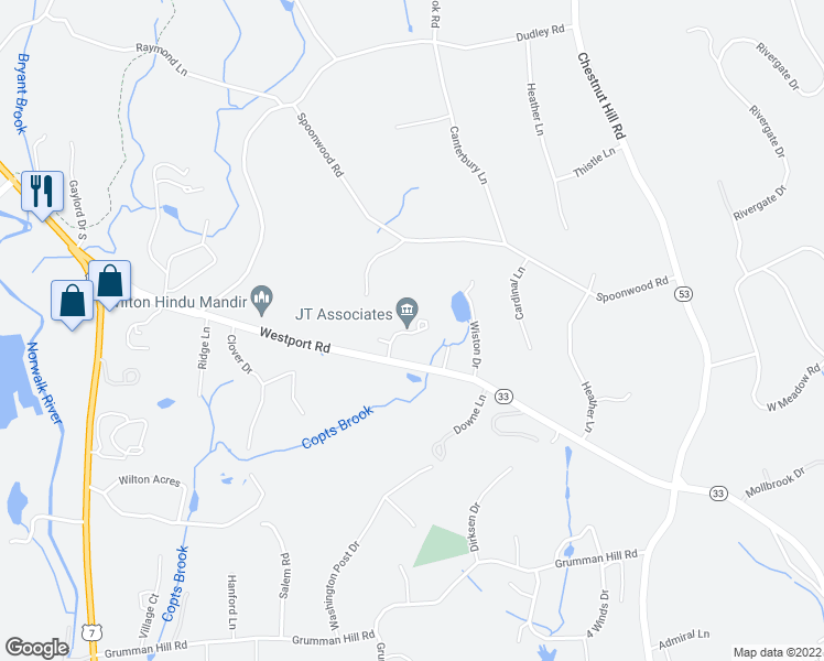 map of restaurants, bars, coffee shops, grocery stores, and more near 32 Wilton Hunt Road in Wilton