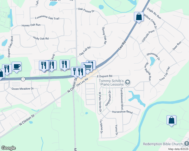 map of restaurants, bars, coffee shops, grocery stores, and more near 5717 West Dupont Road in Fort Wayne