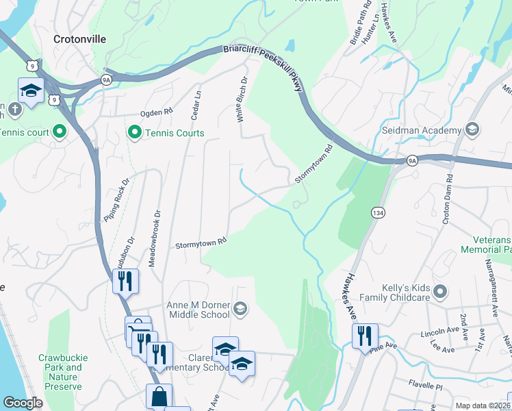 map of restaurants, bars, coffee shops, grocery stores, and more near 45 Stormytown Road in Ossining