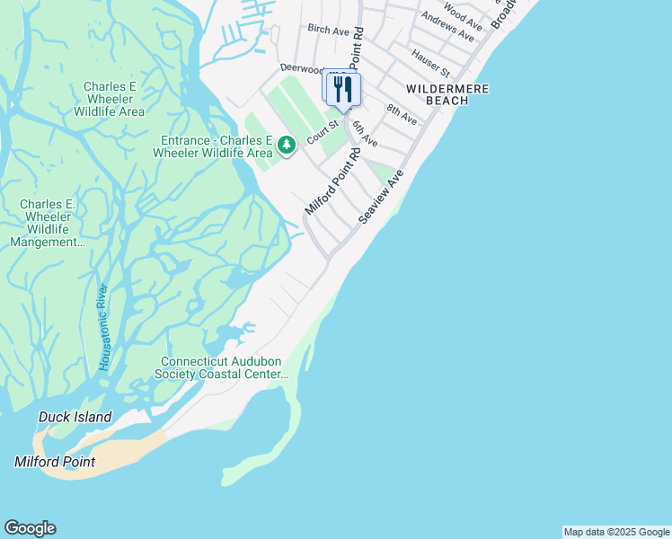 map of restaurants, bars, coffee shops, grocery stores, and more near 117 Milford Point Road in Milford