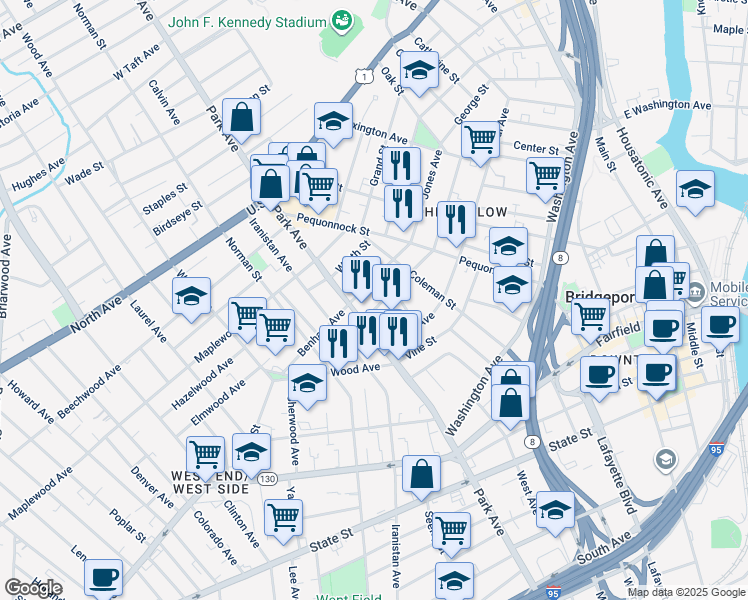 map of restaurants, bars, coffee shops, grocery stores, and more near 252 Olive Street in Bridgeport