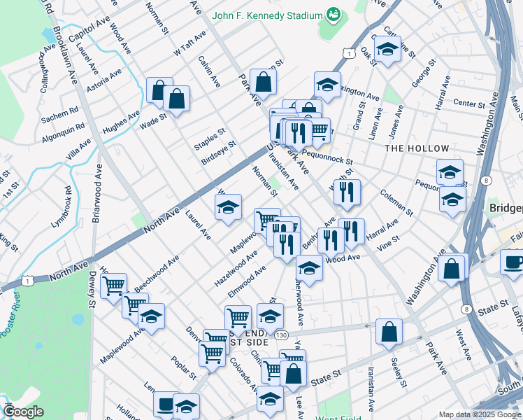 map of restaurants, bars, coffee shops, grocery stores, and more near 308 Maplewood Avenue in Bridgeport