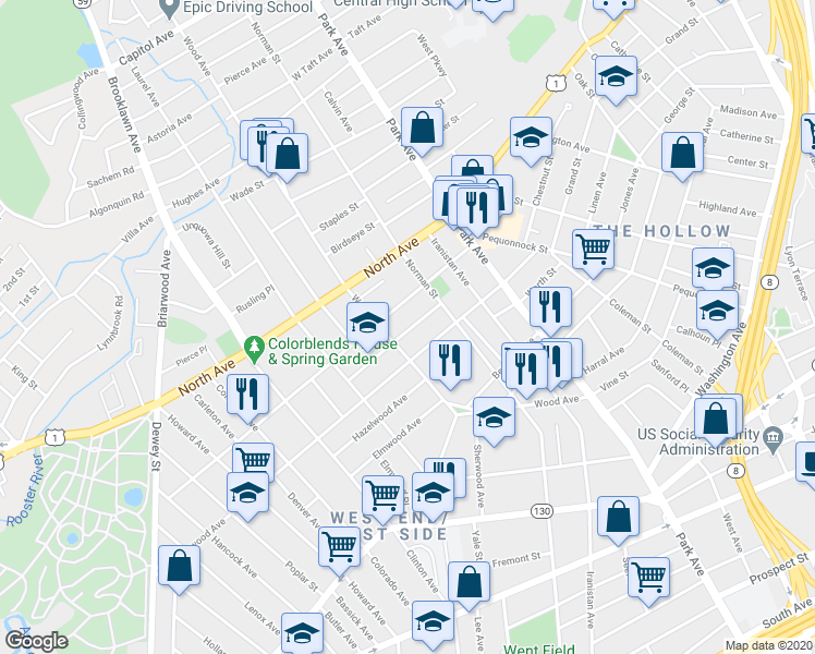 map of restaurants, bars, coffee shops, grocery stores, and more near 510 Wood Avenue in Bridgeport