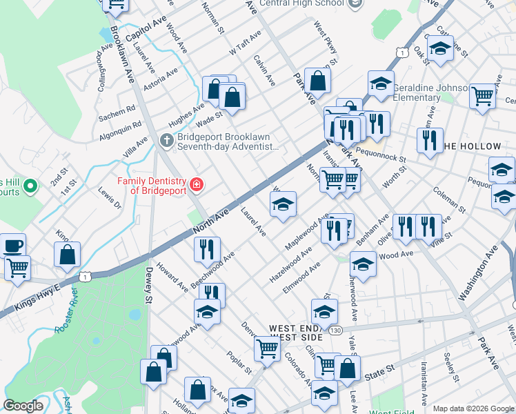 map of restaurants, bars, coffee shops, grocery stores, and more near 840 Laurel Avenue in Bridgeport