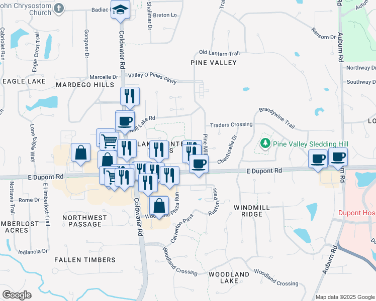 map of restaurants, bars, coffee shops, grocery stores, and more near 1132 Lake Pointe Cove in Fort Wayne