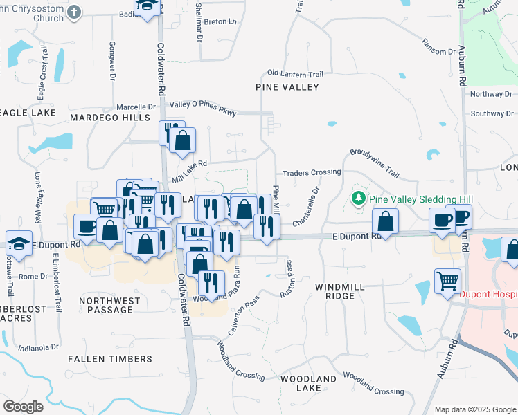 map of restaurants, bars, coffee shops, grocery stores, and more near 1132 Lake Pointe Cove in Fort Wayne
