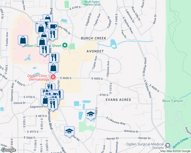 map of restaurants, bars, coffee shops, grocery stores, and more near 1470 East 4600 South in Ogden