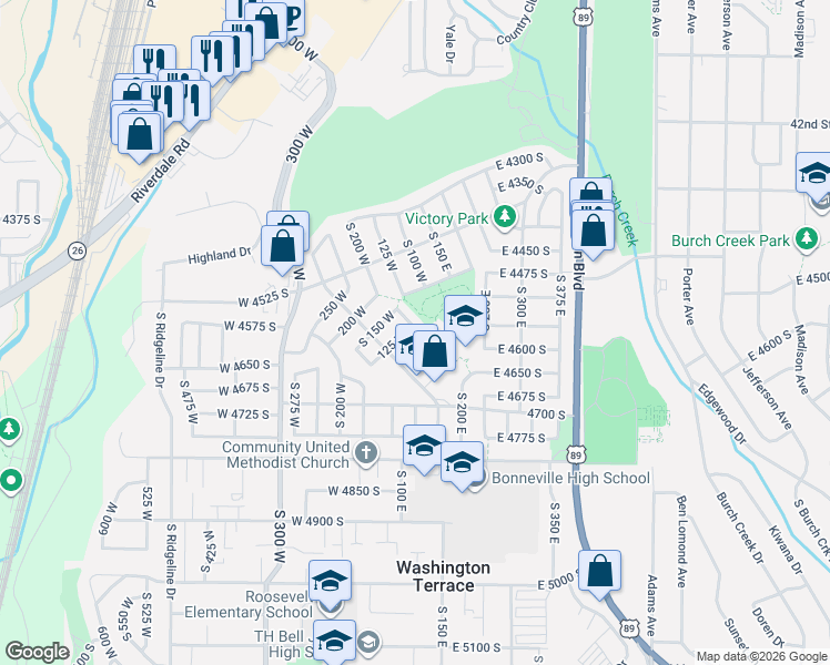 map of restaurants, bars, coffee shops, grocery stores, and more near 4576 South 125 West in Ogden