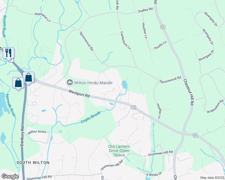 map of restaurants, bars, coffee shops, grocery stores, and more near 38 Wilton Hunt Road in Wilton
