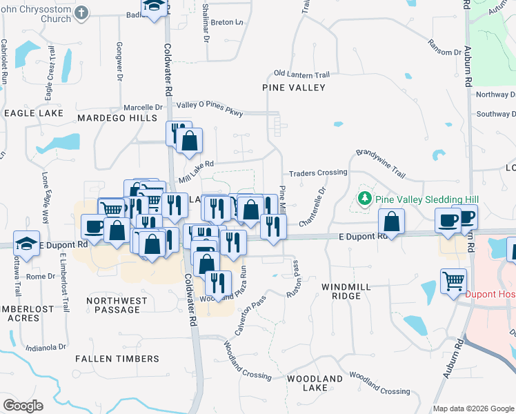 map of restaurants, bars, coffee shops, grocery stores, and more near 1132 Lake Pointe Cove in Fort Wayne