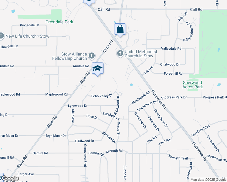 map of restaurants, bars, coffee shops, grocery stores, and more near 2357 Echo Valley Drive in Stow