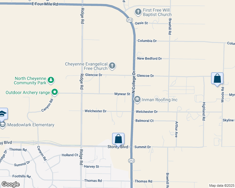 map of restaurants, bars, coffee shops, grocery stores, and more near 3649 Mynear Street in Cheyenne