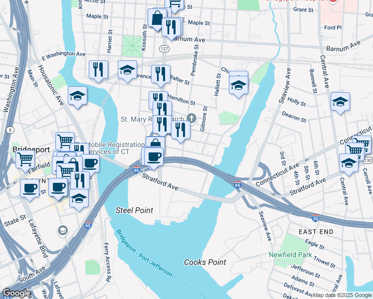 map of restaurants, bars, coffee shops, grocery stores, and more near 349 Nichols Street in Bridgeport