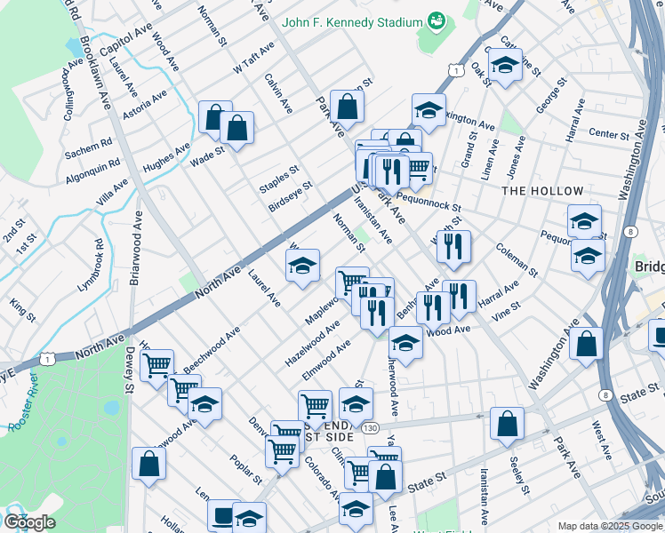 map of restaurants, bars, coffee shops, grocery stores, and more near 510 Wood Avenue in Bridgeport