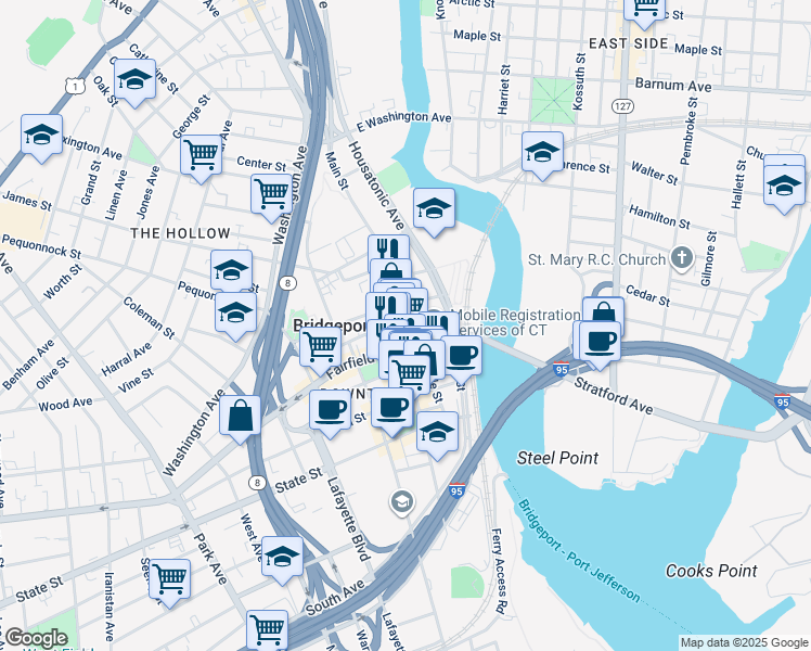map of restaurants, bars, coffee shops, grocery stores, and more near 1153 Main Street in Bridgeport