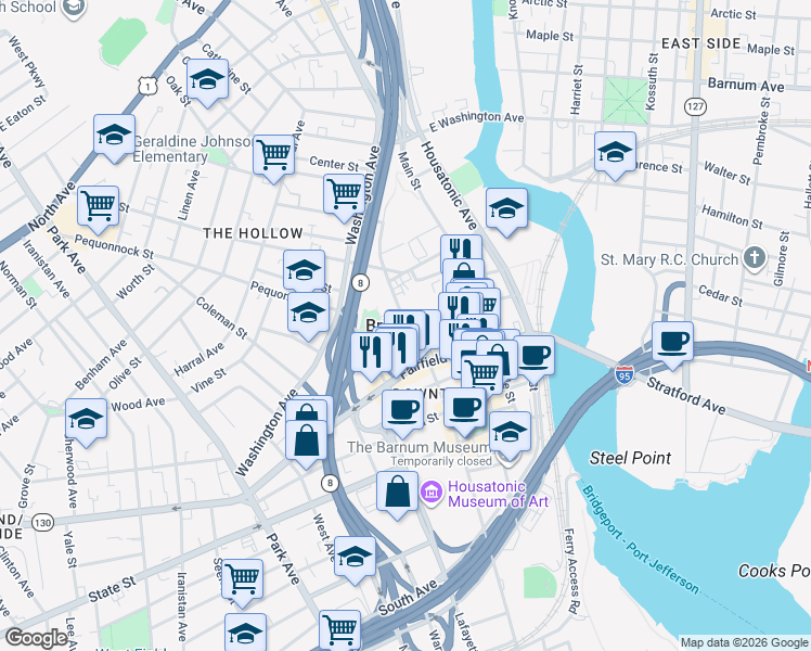 map of restaurants, bars, coffee shops, grocery stores, and more near in Bridgeport