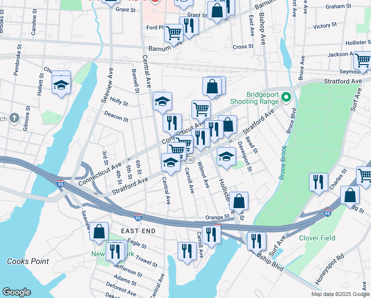 map of restaurants, bars, coffee shops, grocery stores, and more near 530 Carroll Avenue in Bridgeport
