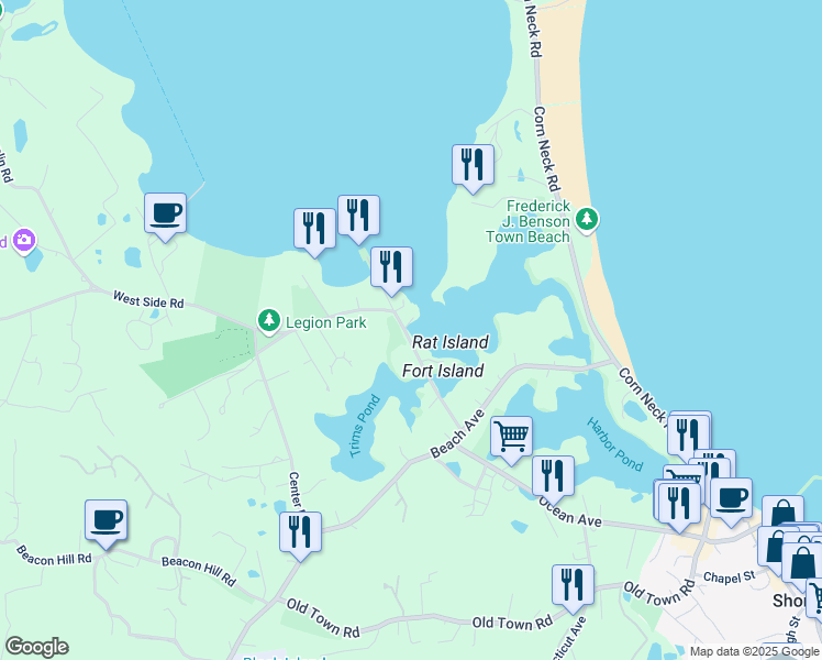 map of restaurants, bars, coffee shops, grocery stores, and more near 165 Ocean Avenue in New Shoreham