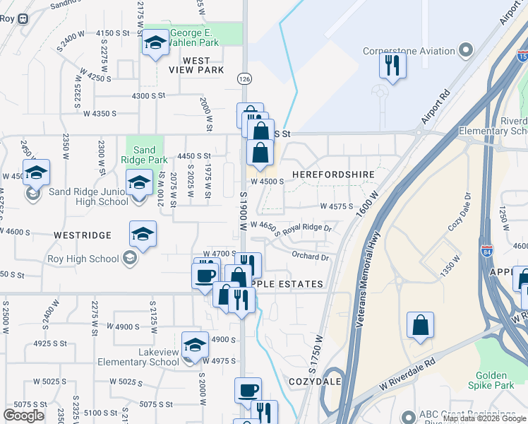 map of restaurants, bars, coffee shops, grocery stores, and more near 1790 Grove Hideaway Street in Roy