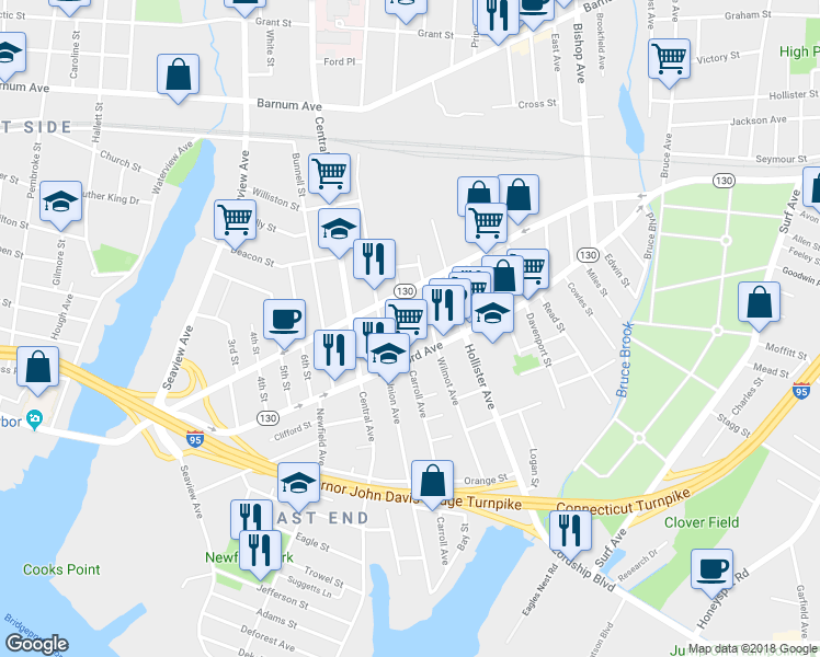 map of restaurants, bars, coffee shops, grocery stores, and more near 503 Carroll Avenue in Bridgeport