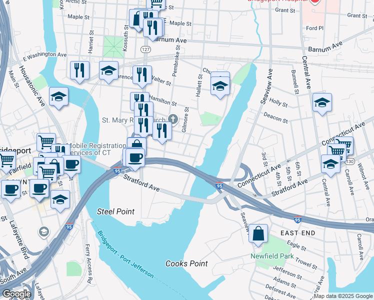 map of restaurants, bars, coffee shops, grocery stores, and more near 202 Hough Avenue in Bridgeport