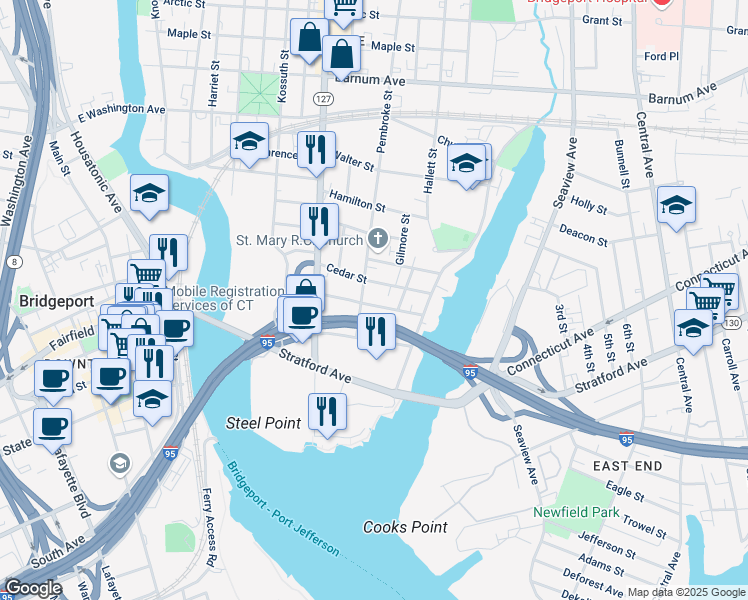 map of restaurants, bars, coffee shops, grocery stores, and more near 349 Nichols Street in Bridgeport