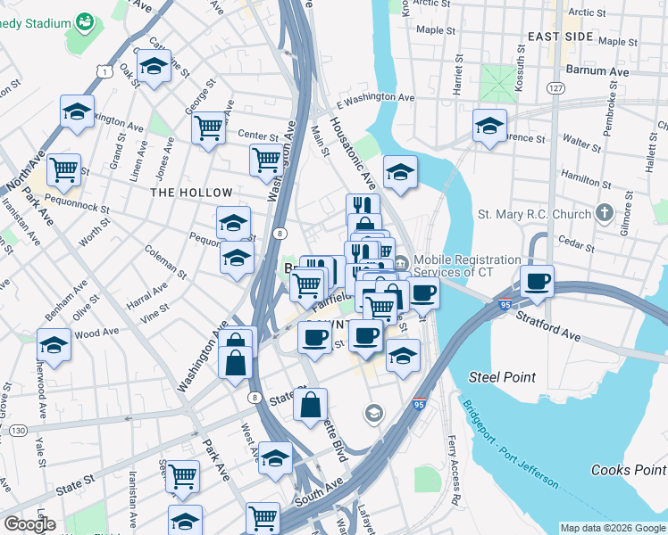 map of restaurants, bars, coffee shops, grocery stores, and more near 1208 Broad Street in Bridgeport