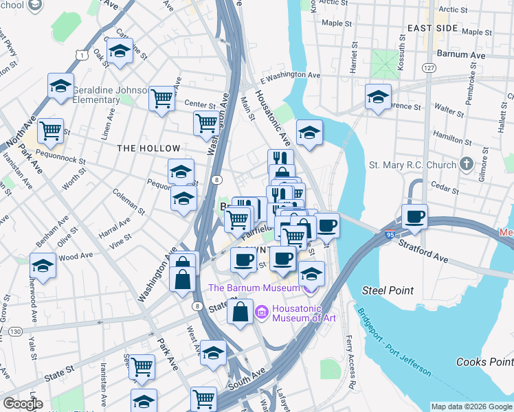 map of restaurants, bars, coffee shops, grocery stores, and more near 1208 Broad Street in Bridgeport