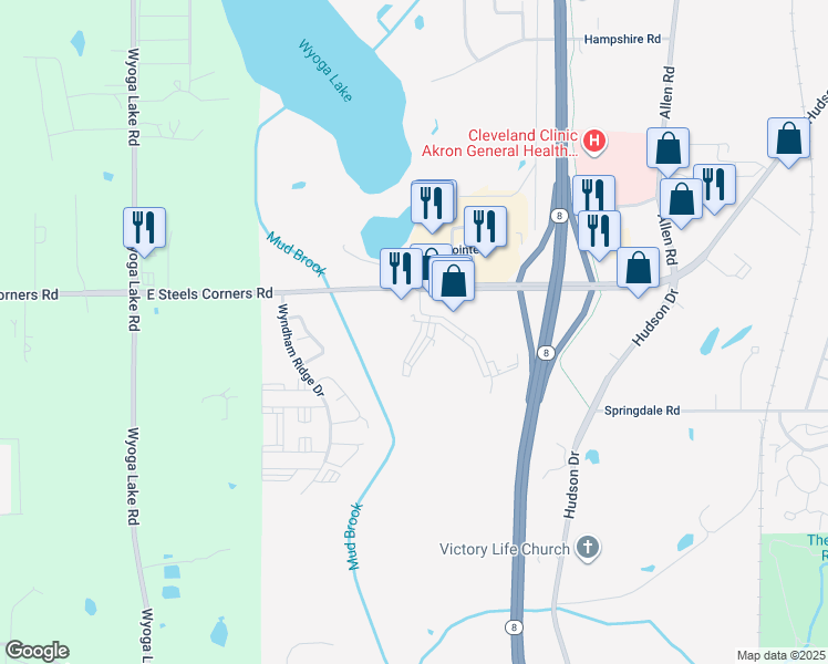 map of restaurants, bars, coffee shops, grocery stores, and more near 4182 Bridgewater Parkway in Stow