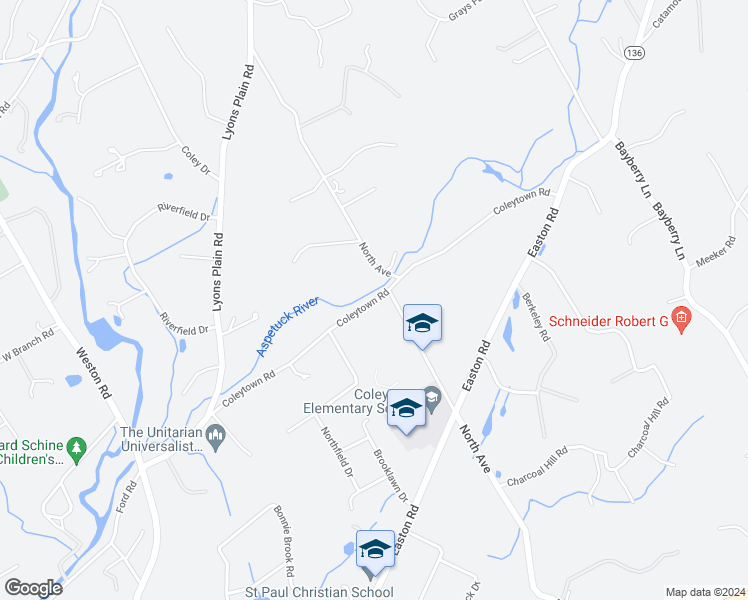 map of restaurants, bars, coffee shops, grocery stores, and more near 37 Coleytown Road in Westport