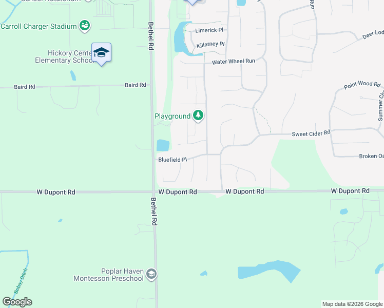 map of restaurants, bars, coffee shops, grocery stores, and more near 3225 Bluefield Place in Fort Wayne