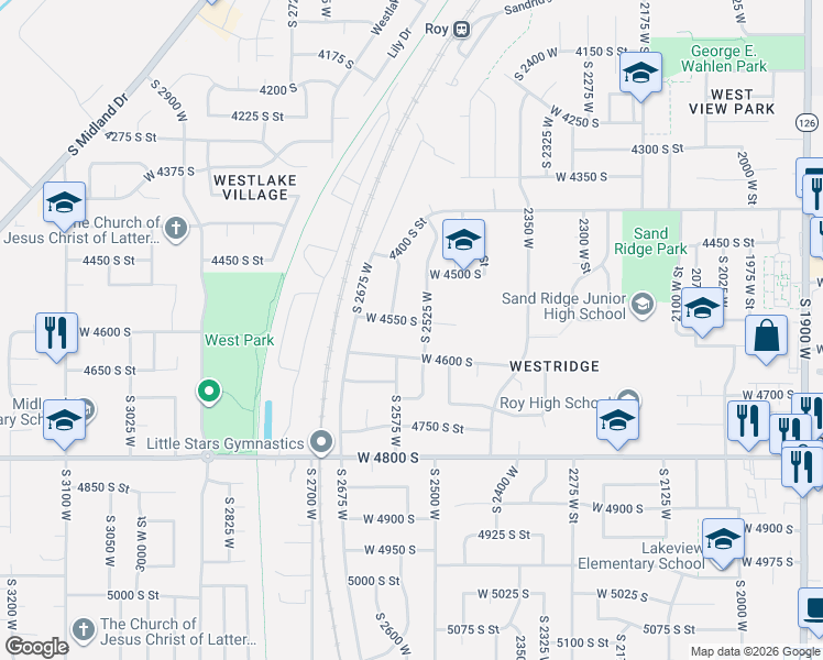 map of restaurants, bars, coffee shops, grocery stores, and more near 2532 4600 South Street in Roy