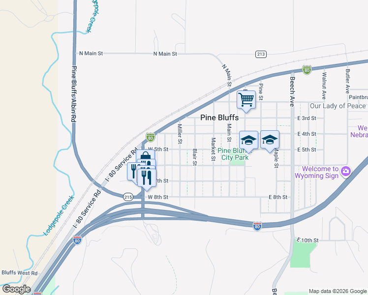 map of restaurants, bars, coffee shops, grocery stores, and more near 311 West 5th Street in Pine Bluffs