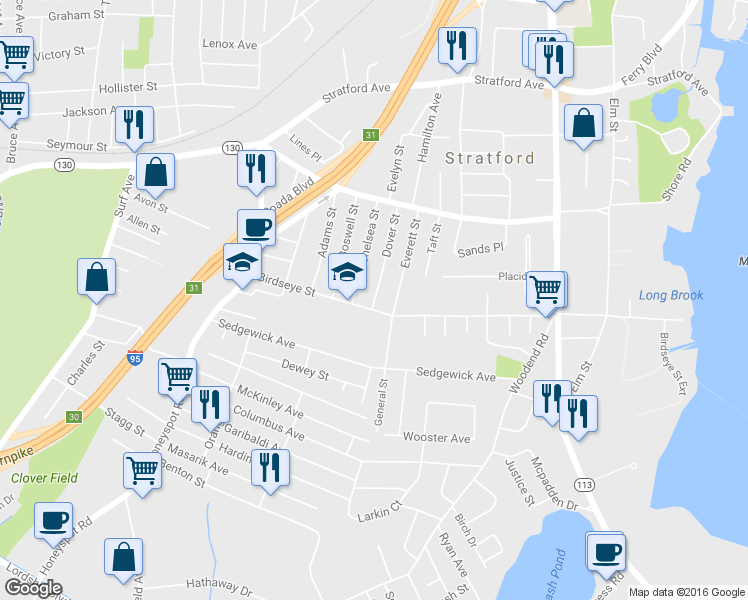 map of restaurants, bars, coffee shops, grocery stores, and more near 226 Dover Street in Stratford