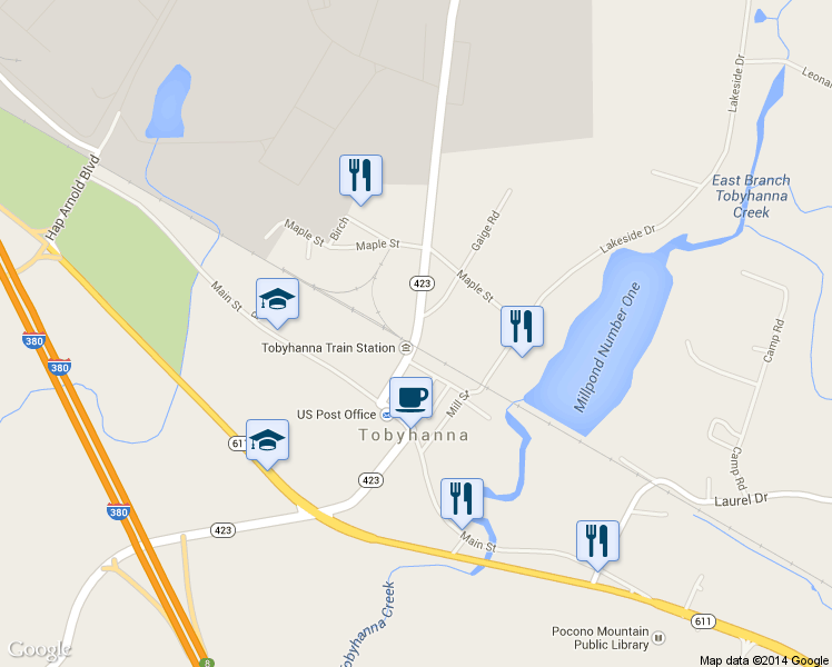 map of restaurants, bars, coffee shops, grocery stores, and more near 2673 Church Street in Tobyhanna