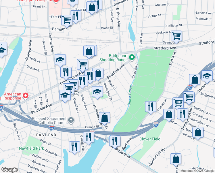 map of restaurants, bars, coffee shops, grocery stores, and more near 170 Kelsey Street in Bridgeport