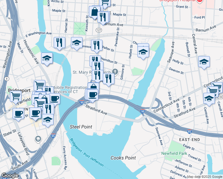 map of restaurants, bars, coffee shops, grocery stores, and more near 349 Nichols Street in Bridgeport